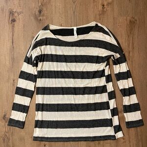 Vanilla Bay Gray and White Striped Long-Sleeve Tee w/ Brown Patches on Elbow